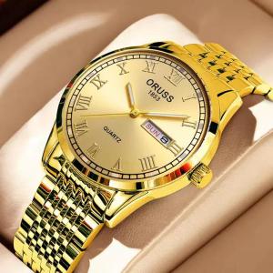 ORUSS Sovereign Imperial Gold Roman Numeral Day-Date Quartz Watch