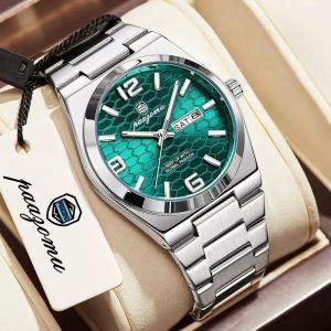 PAAZOMU Hex-Grid Emerald Steel Integrated Day-Date Automatic-Style Quartz Watch