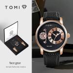 TOMI Face Gear Avant-Garde Asymmetrical Blue Dial Leather Watch Gift Set